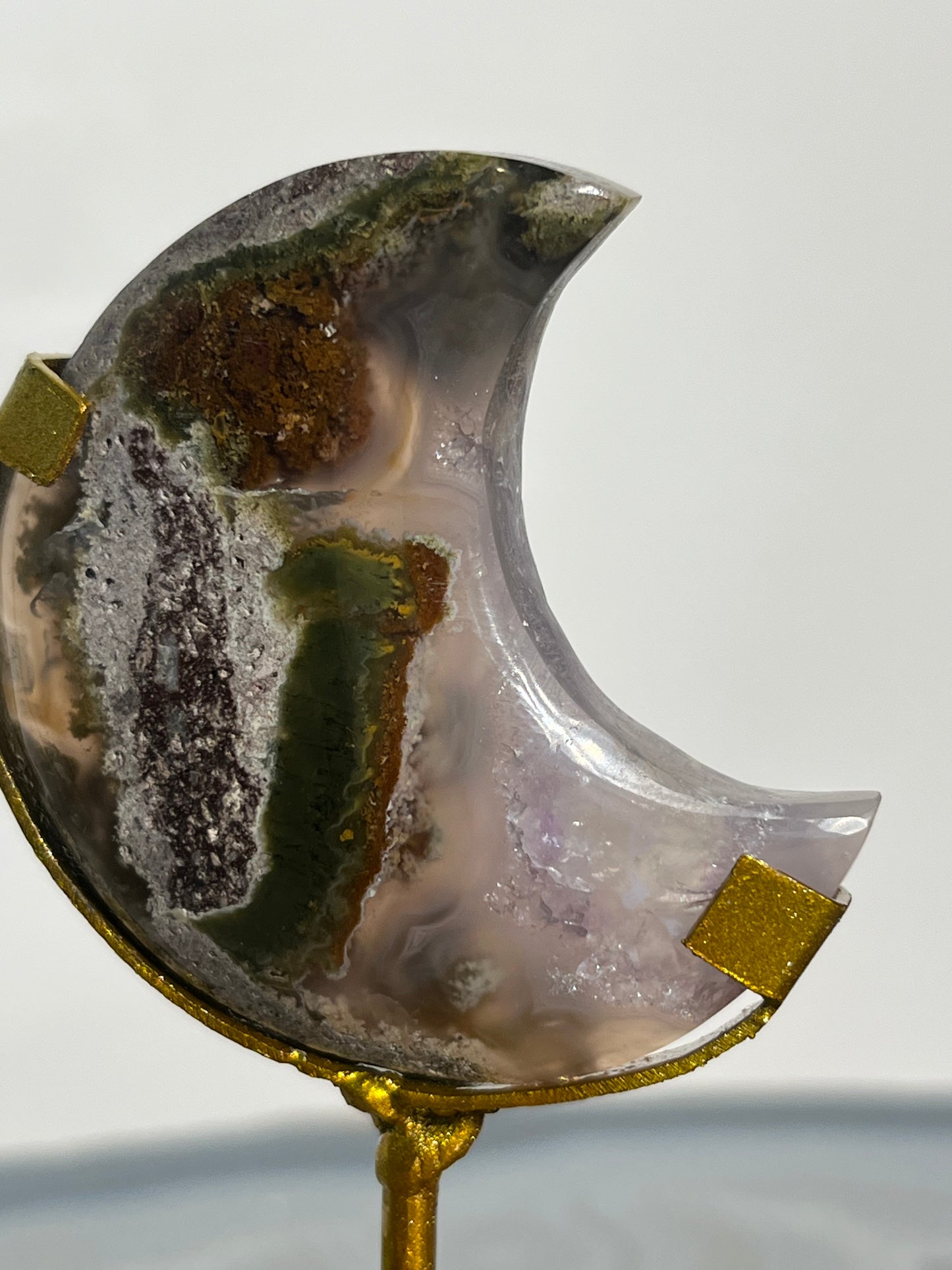 "Traverse" Nebula Agate with Amethyst Miniature Moon Carving on Stand