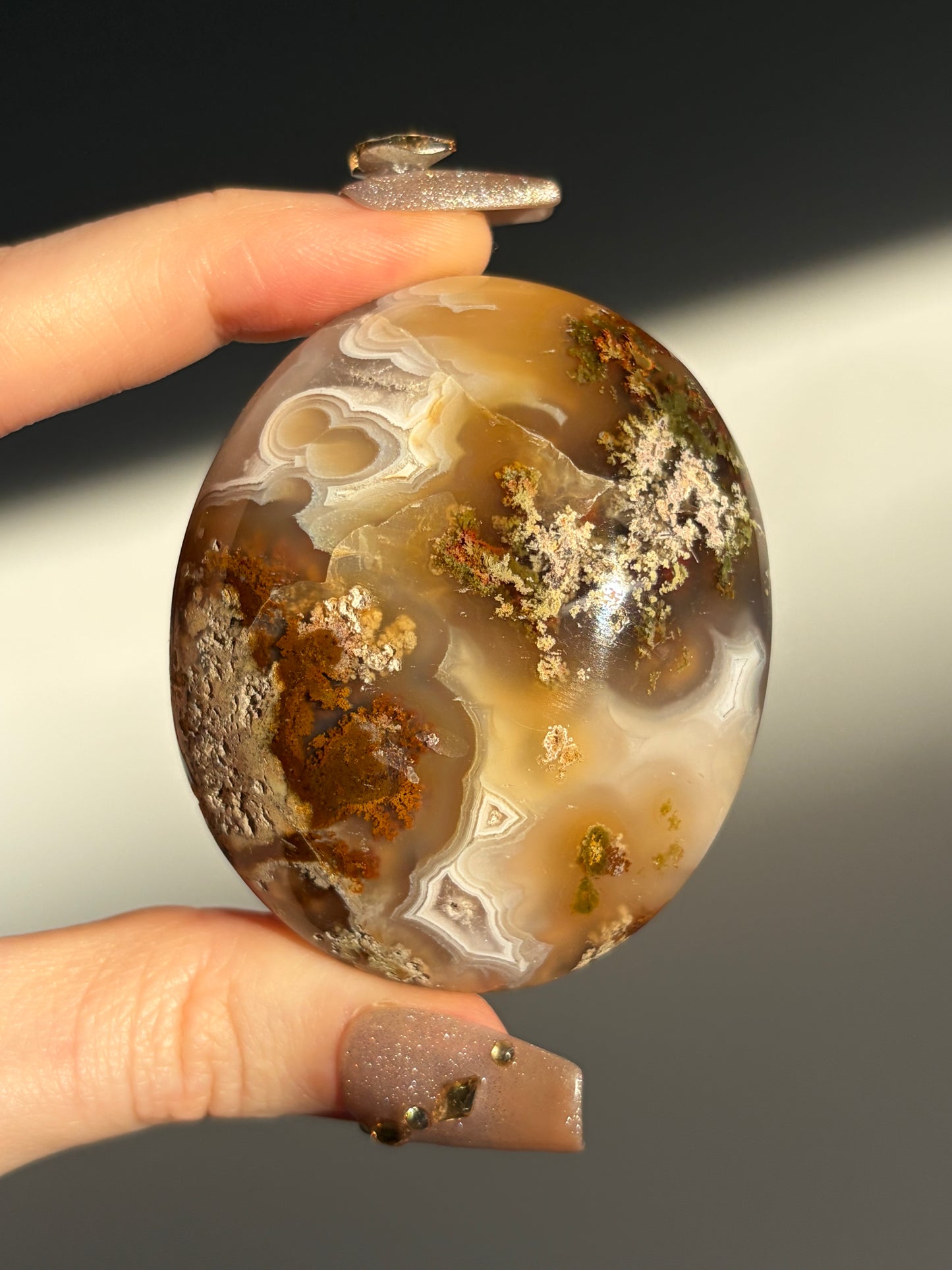 Orbicular Nebula Agate Palmstone with Natural Carnelian J