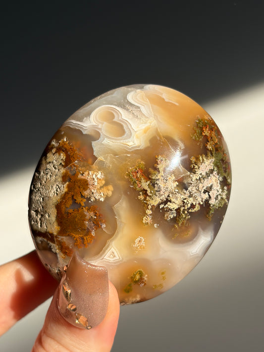 Orbicular Nebula Agate Palmstone with Natural Carnelian J