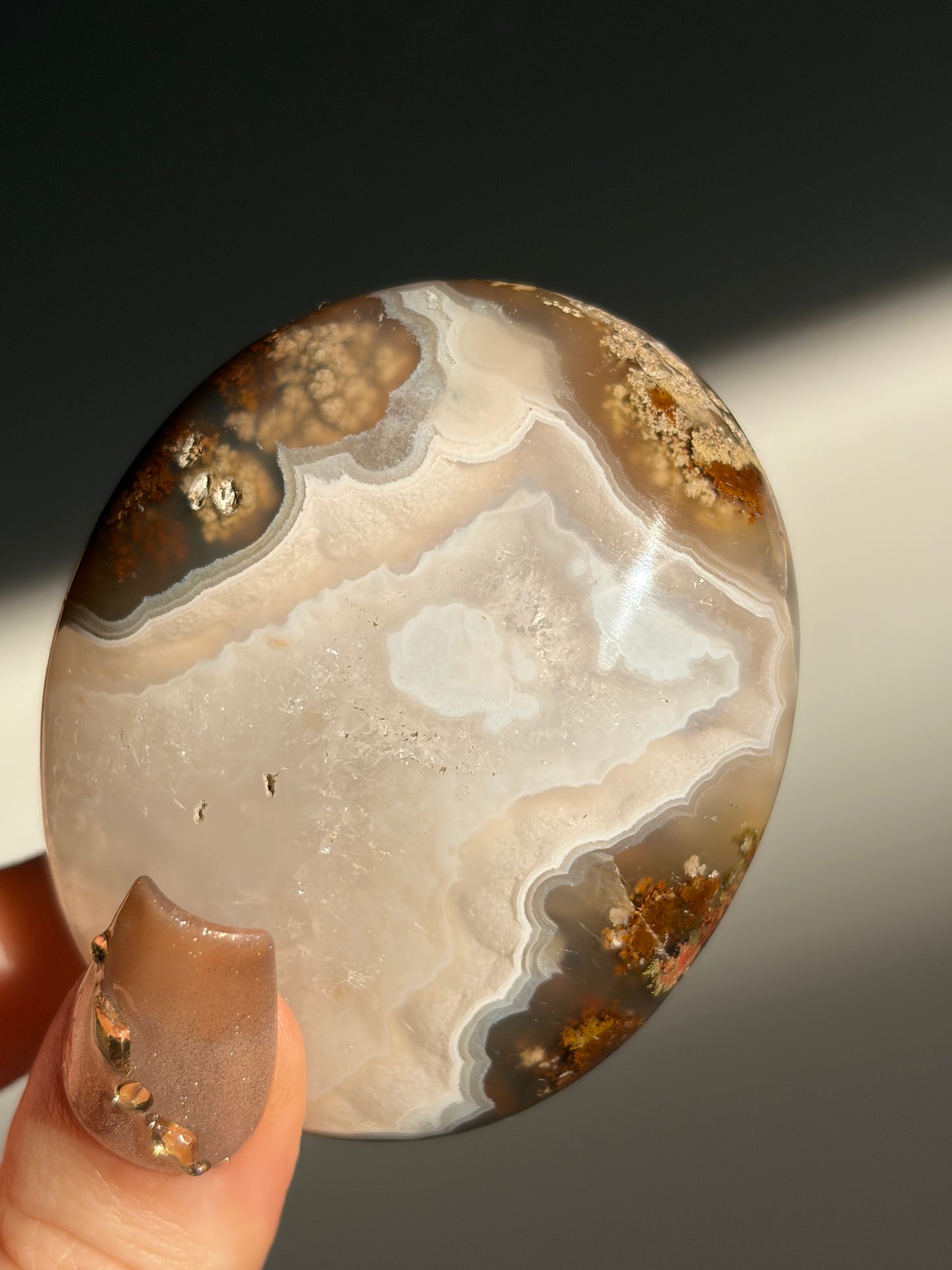 Orbicular Nebula Agate Palmstone with Natural Carnelian J