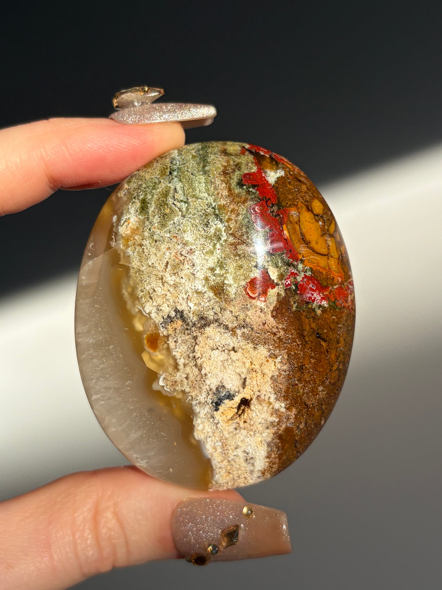 Nebula Agate Palmstone with Red Moss Inclusions L