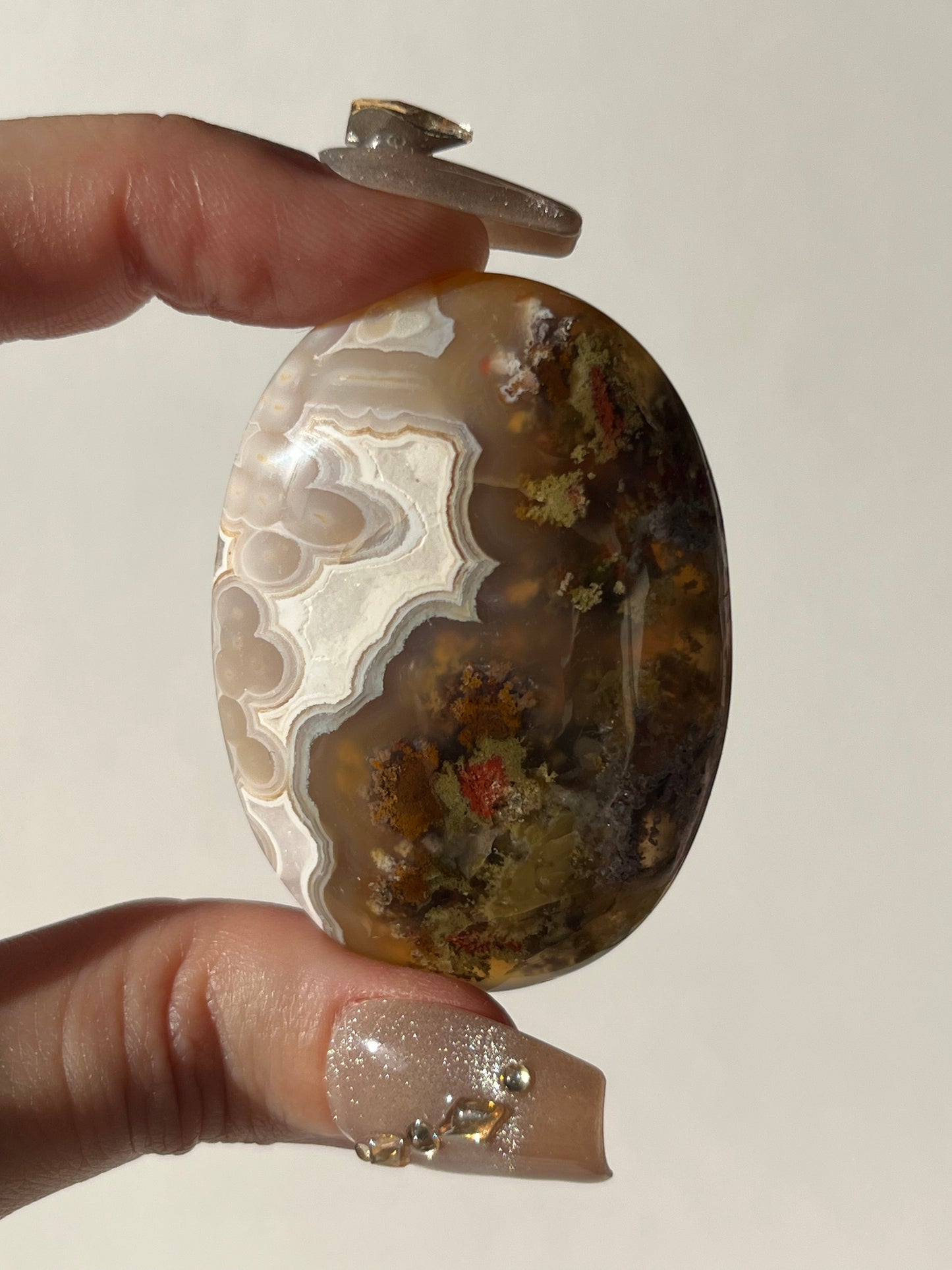 Orbicular Nebula Agate Palmstone with Red Moss Inclusions E