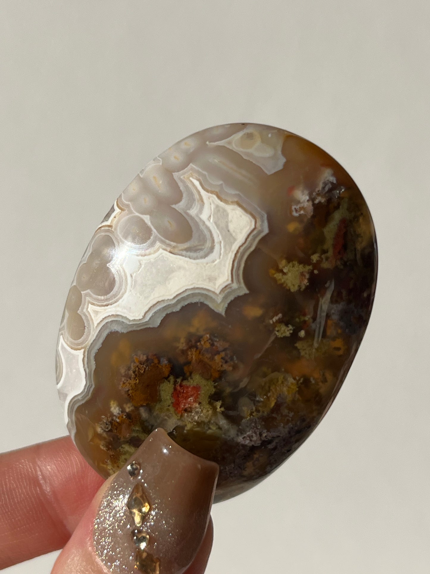 Orbicular Nebula Agate Palmstone with Red Moss Inclusions E