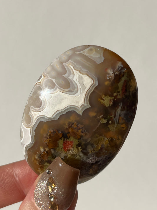 Orbicular Nebula Agate Palmstone with Red Moss Inclusions E