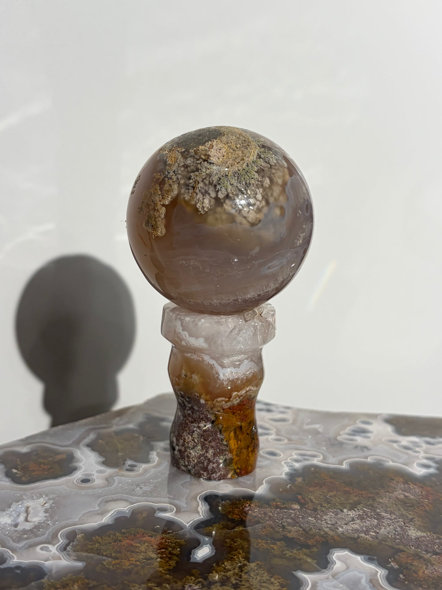 “The Sun Within” Druzy Honey World Nebula Agate Sphere with Carnelian on a Custom Stand