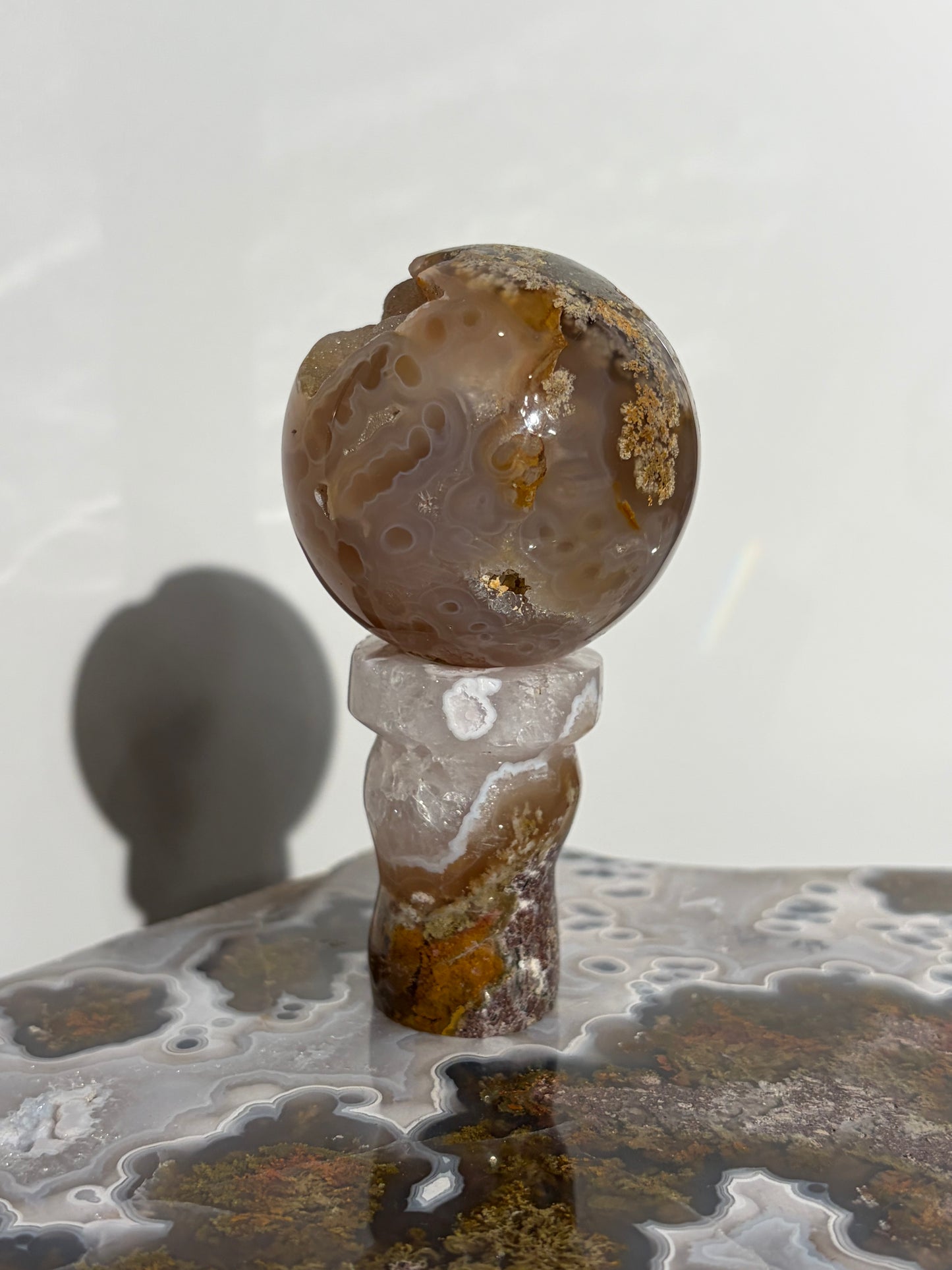 “The Sun Within” Druzy Honey World Nebula Agate Sphere with Carnelian on a Custom Stand