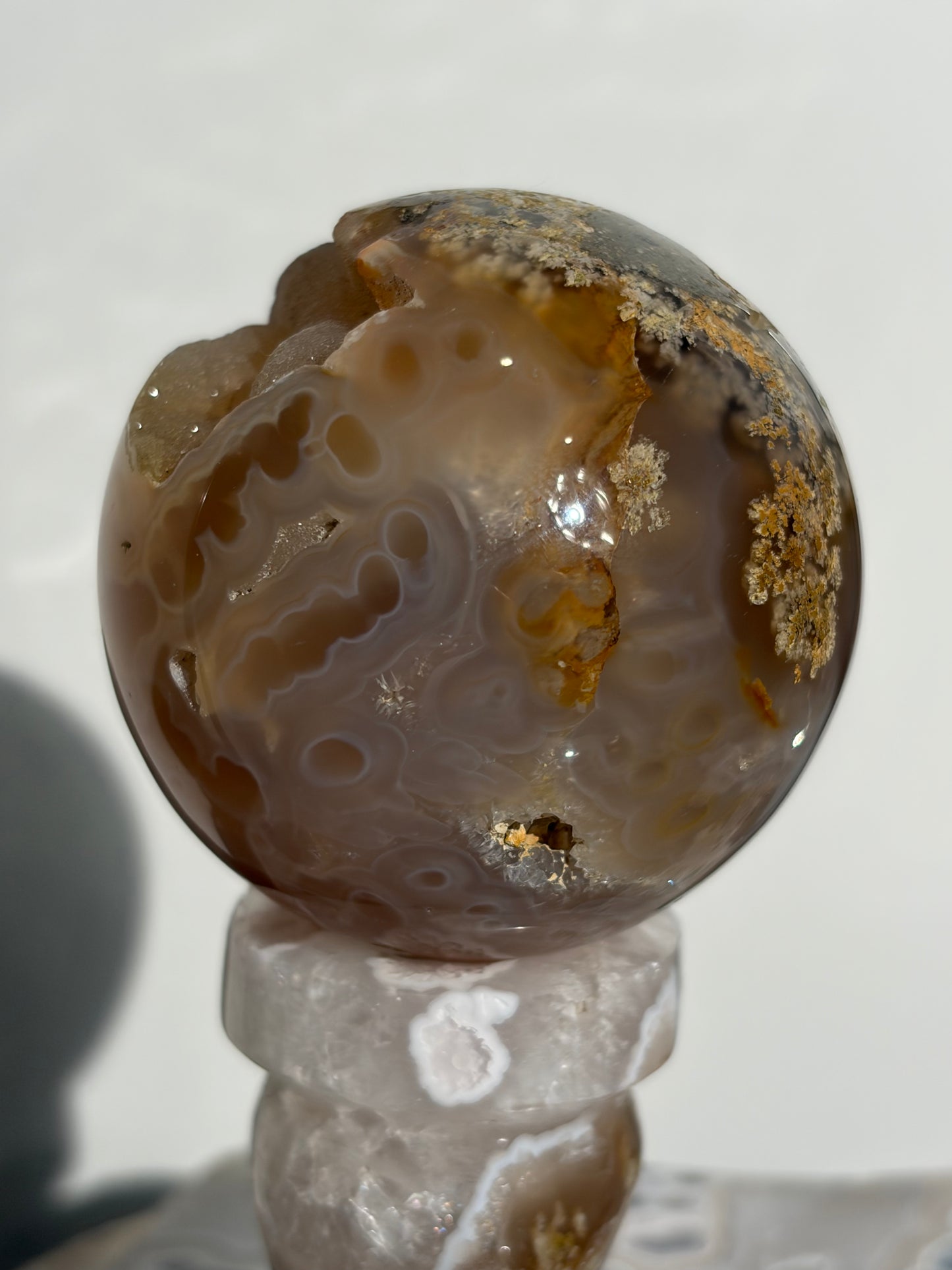 “The Sun Within” Druzy Honey World Nebula Agate Sphere with Carnelian on a Custom Stand