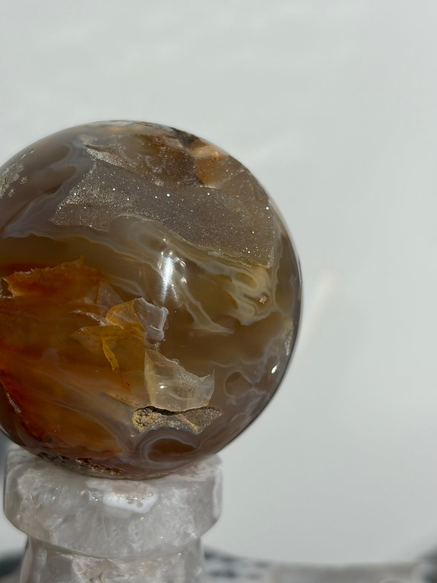 “The Sun Within” Druzy Honey World Nebula Agate Sphere with Carnelian on a Custom Stand