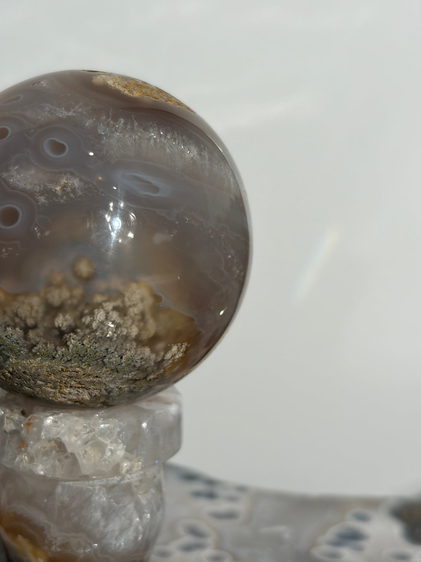 “The Sun Within” Druzy Honey World Nebula Agate Sphere with Carnelian on a Custom Stand
