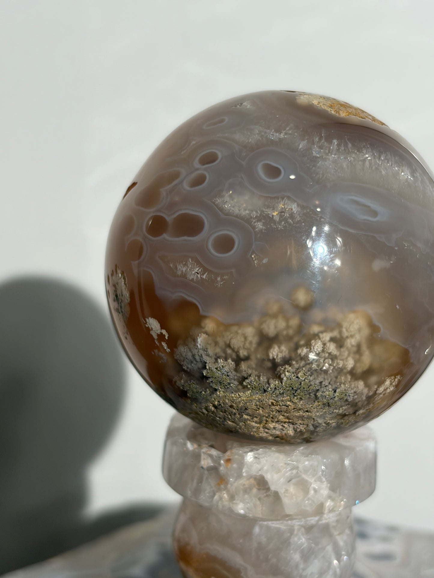 “The Sun Within” Druzy Honey World Nebula Agate Sphere with Carnelian on a Custom Stand