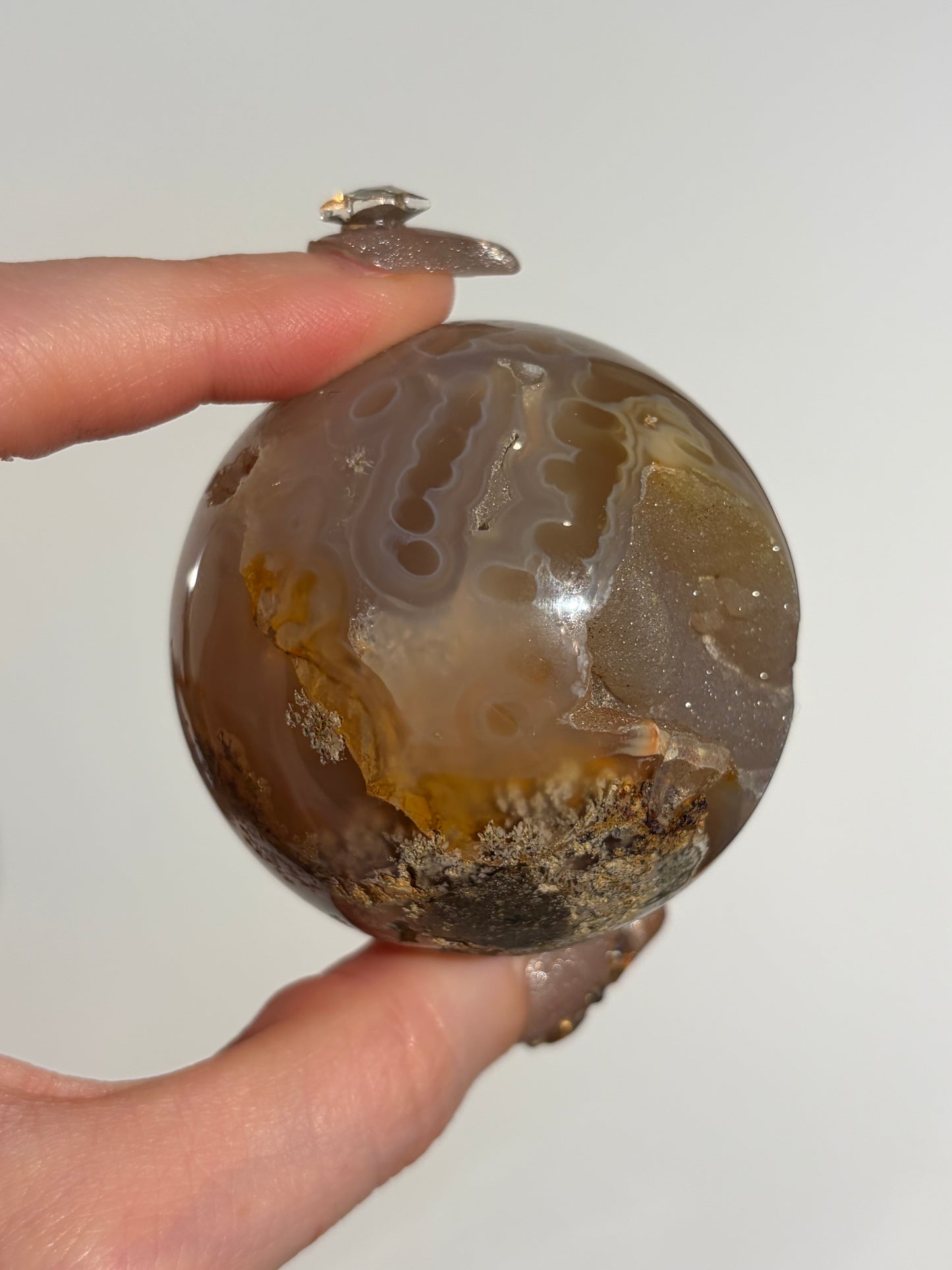 “The Sun Within” Druzy Honey World Nebula Agate Sphere with Carnelian on a Custom Stand