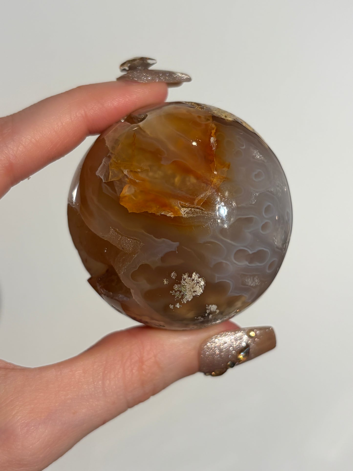“The Sun Within” Druzy Honey World Nebula Agate Sphere with Carnelian on a Custom Stand