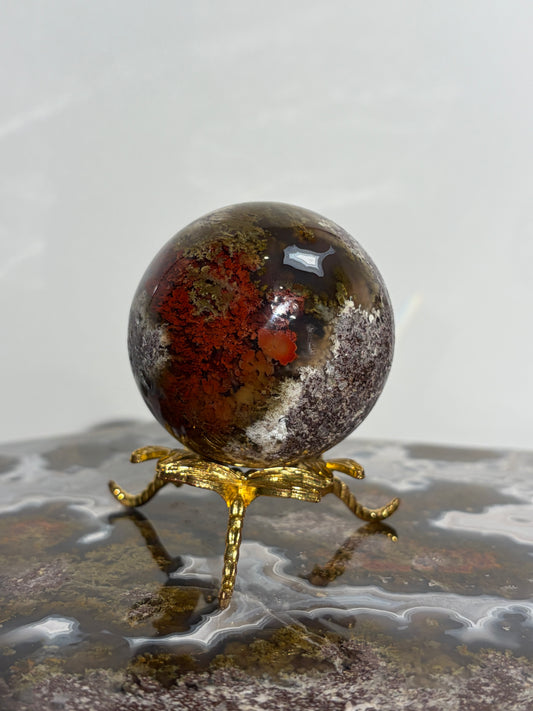 “Crimson Veils” Nebula Agate Sphere with Red Moss B