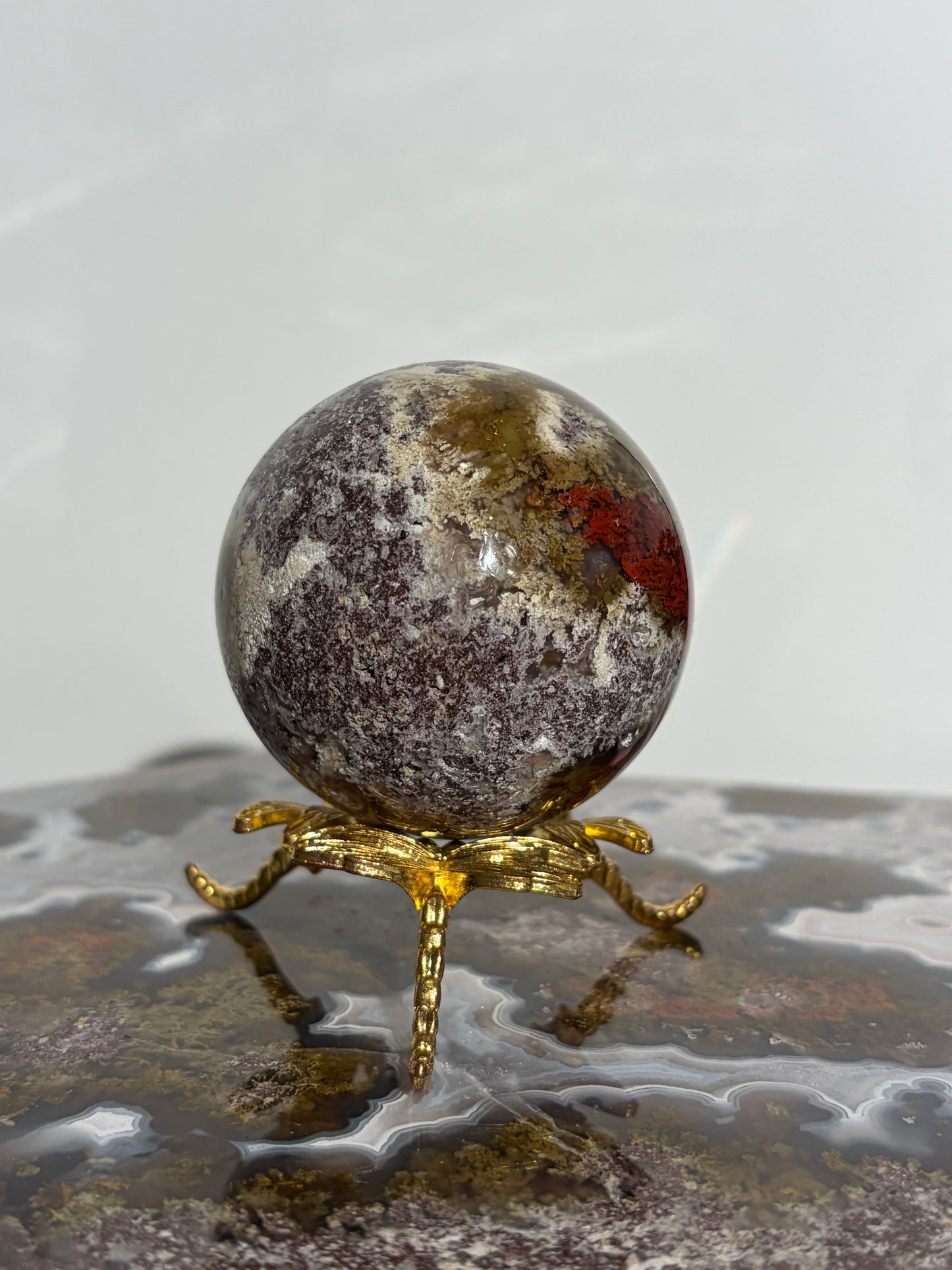 “Crimson Veils” Nebula Agate Sphere with Red Moss B