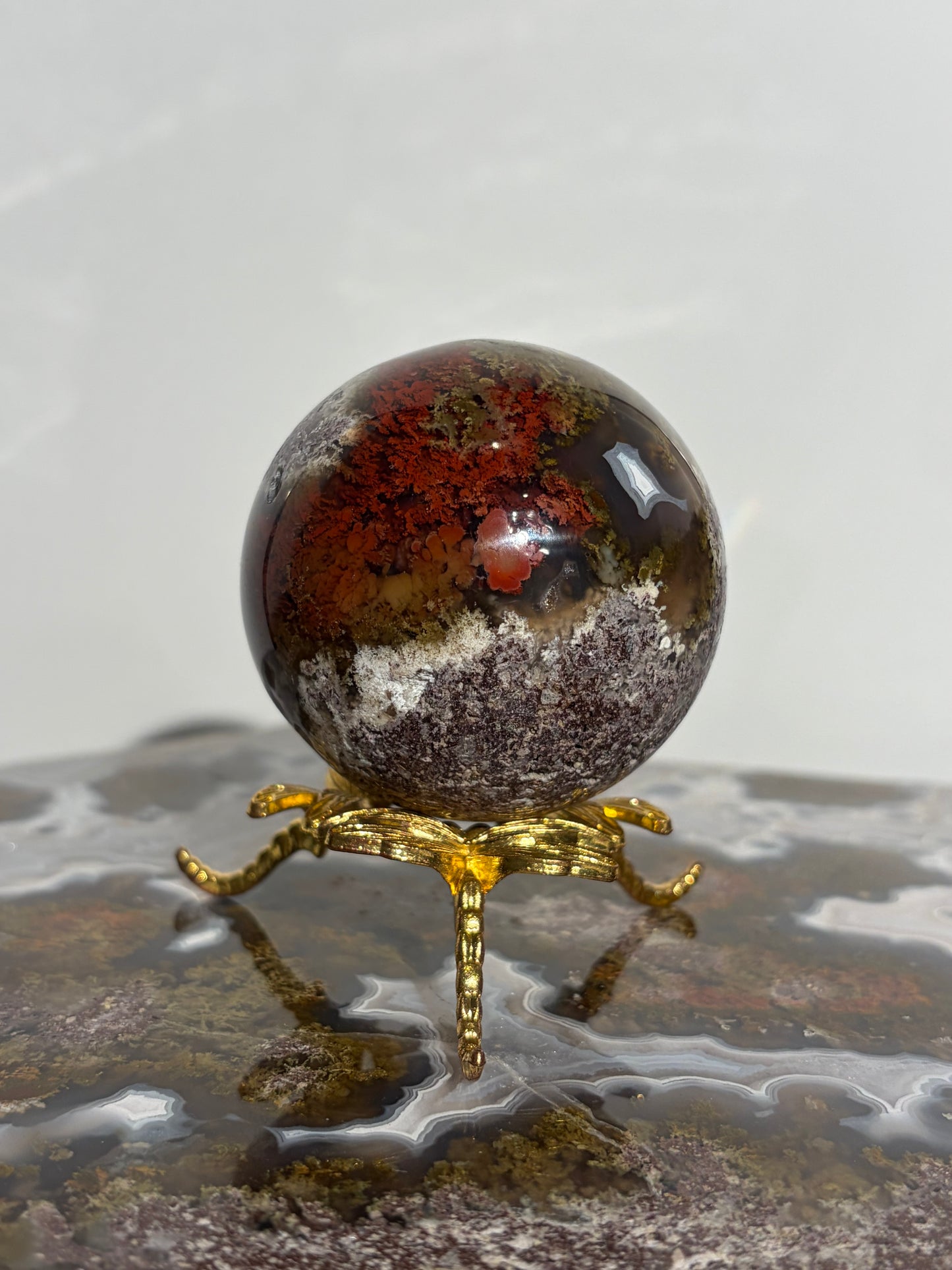 “Crimson Veils” Nebula Agate Sphere with Red Moss B