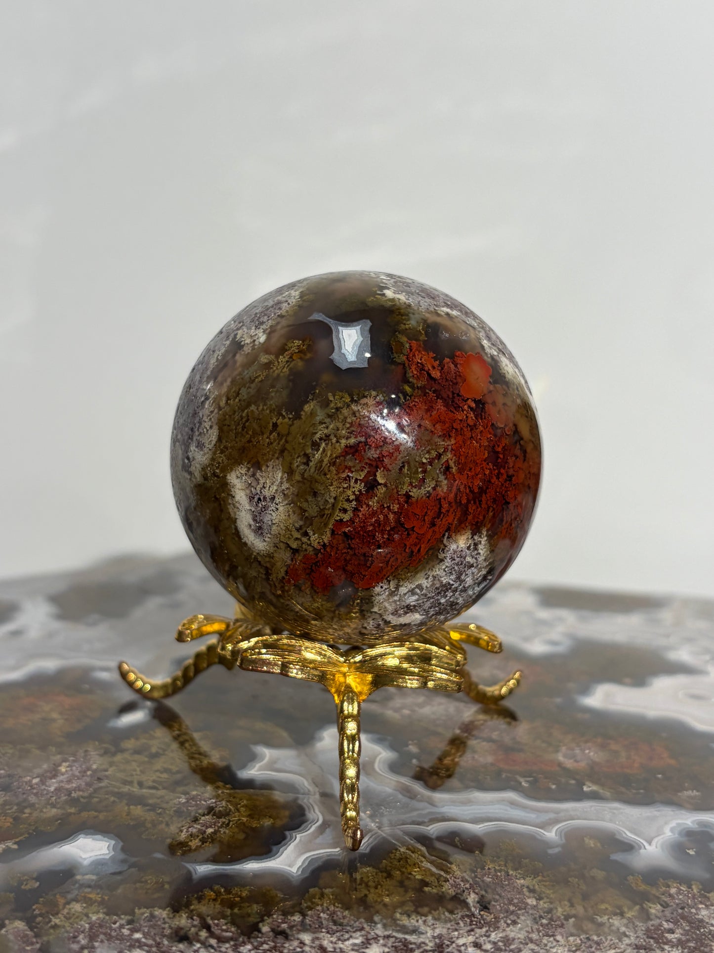 “Crimson Veils” Nebula Agate Sphere with Red Moss B
