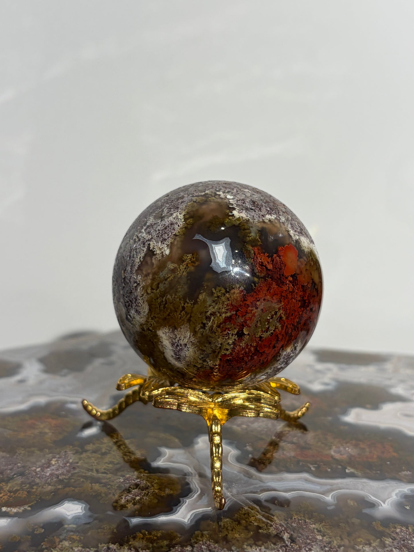 “Crimson Veils” Nebula Agate Sphere with Red Moss B