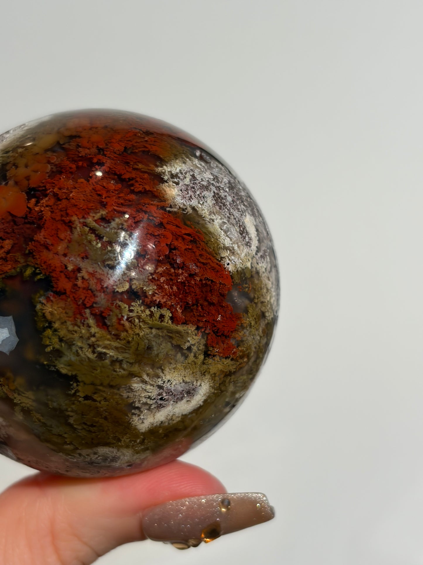 “Crimson Veils” Nebula Agate Sphere with Red Moss B