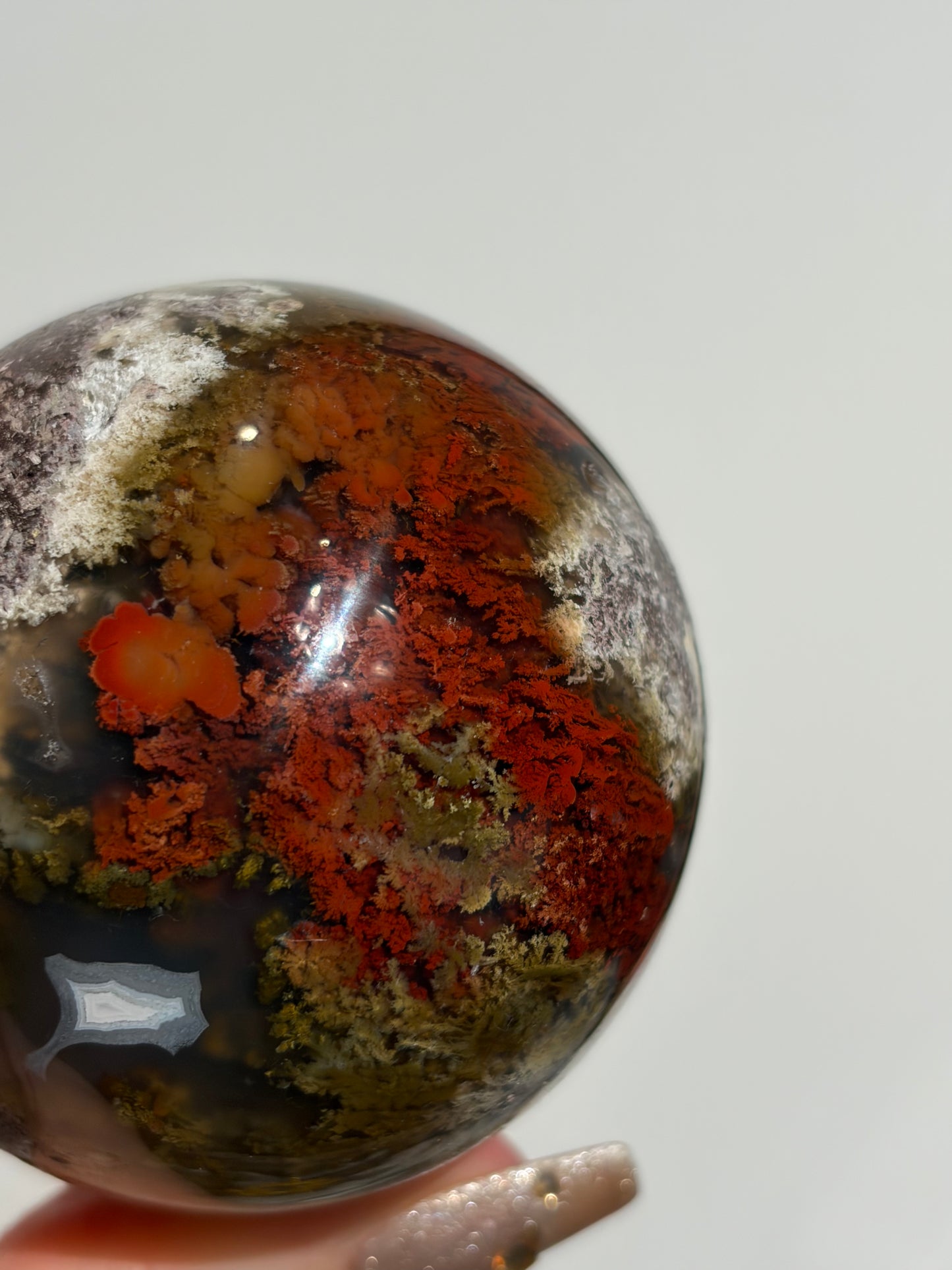“Crimson Veils” Nebula Agate Sphere with Red Moss B