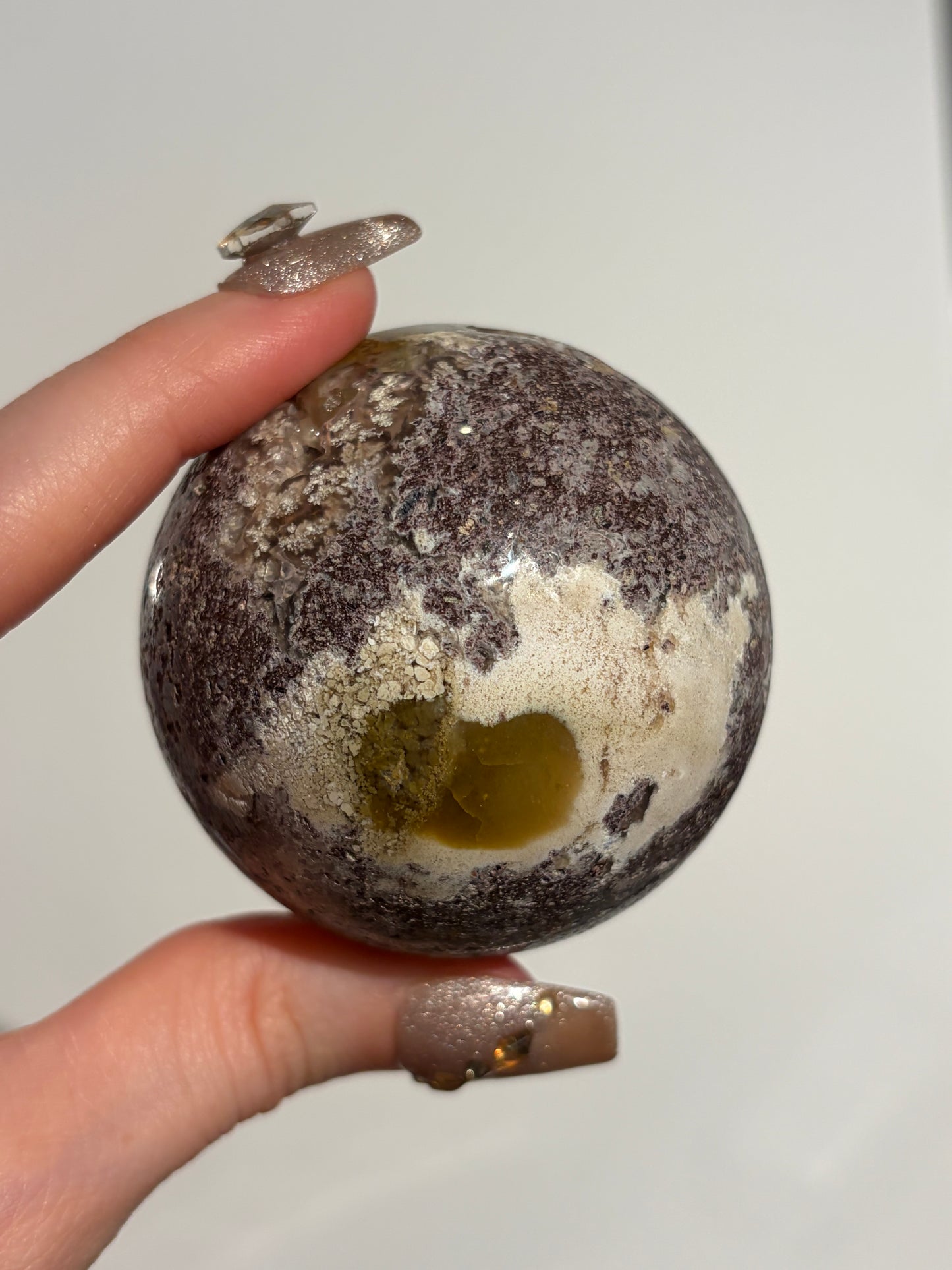 “Crimson Veils” Nebula Agate Sphere with Red Moss B