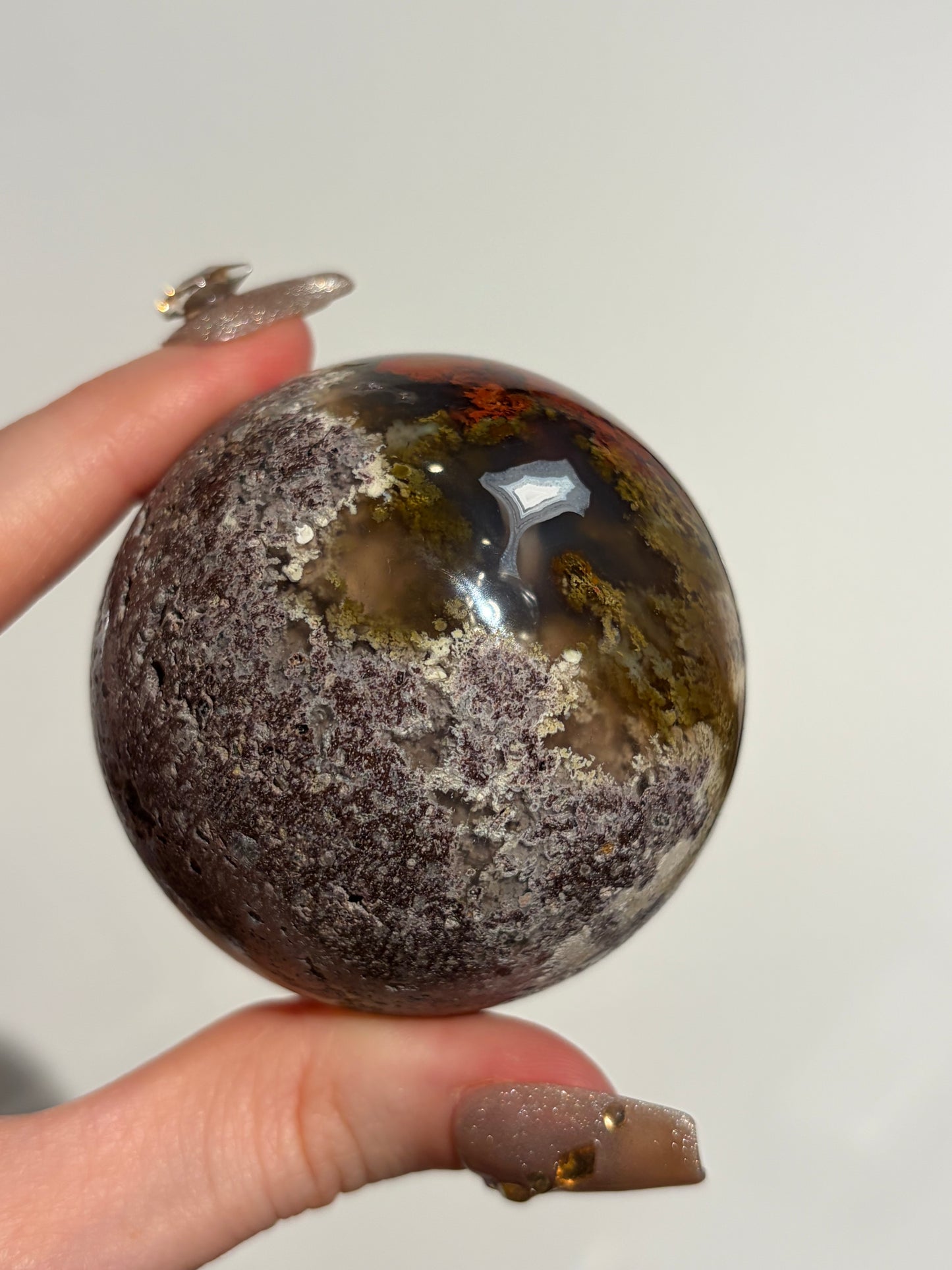 “Crimson Veils” Nebula Agate Sphere with Red Moss B