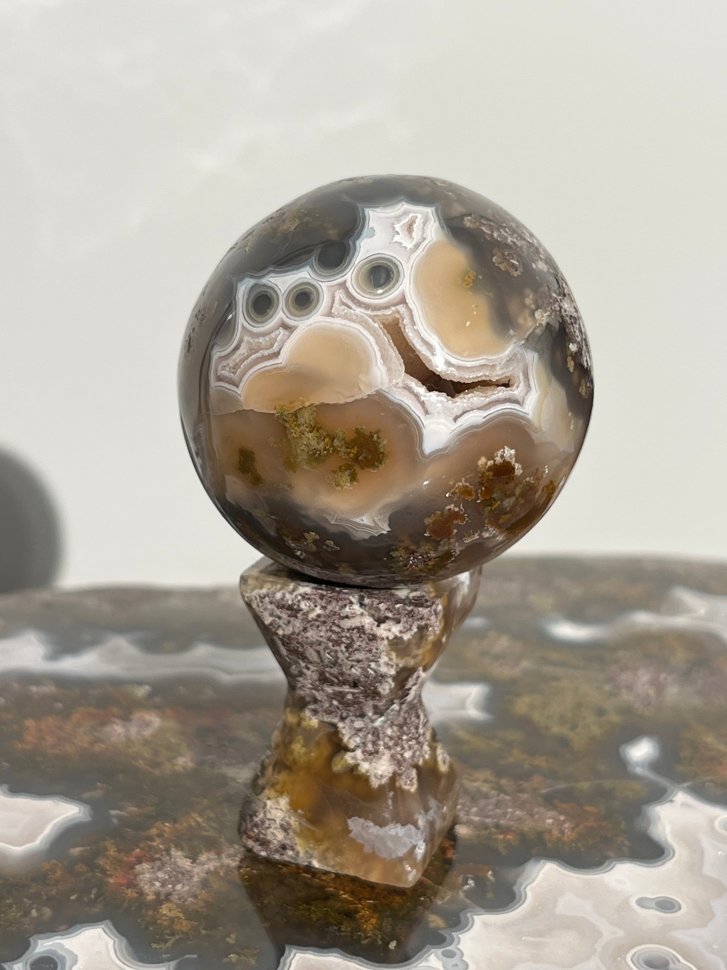 “Solar Trio” Orbicular Nebula Agate Sphere with Custom Stand B (Mined 2024)