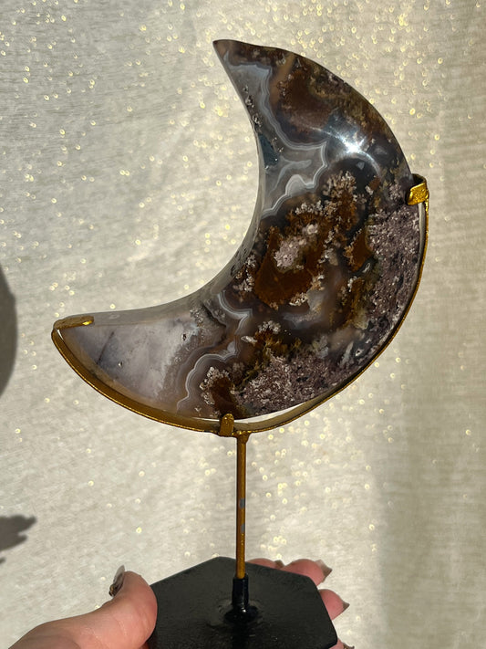 Nebula Agate & Scenic Moss Moon w/ Gold Display Stand #1