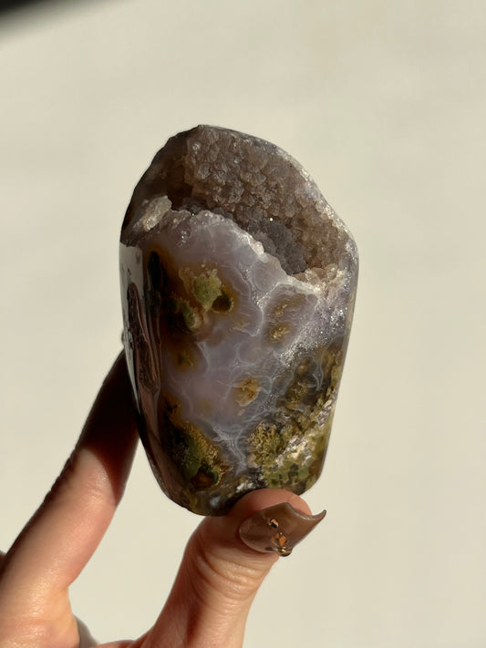 ‘Amazon’ Nebula Agate and Scenic Moss with Purple Chalcedony Standing Freeform