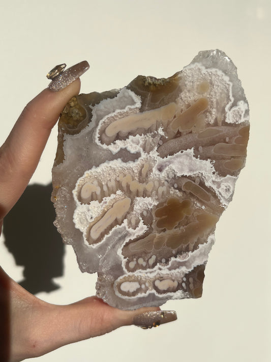 ‘Coralline Tides’ Spherulitic Columnar Nebula Agate with Scenic Moss, Amethyst and Natural Carnelian Semi Polished Freeform