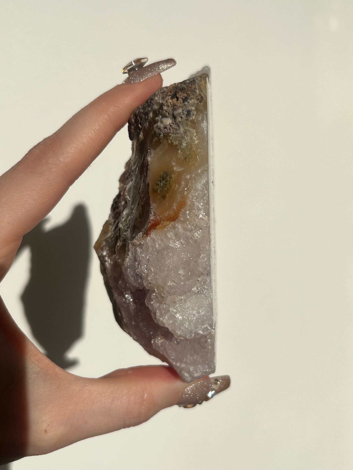 ‘Coralline Tides’ Spherulitic Columnar Nebula Agate with Scenic Moss, Amethyst and Natural Carnelian Semi Polished Freeform