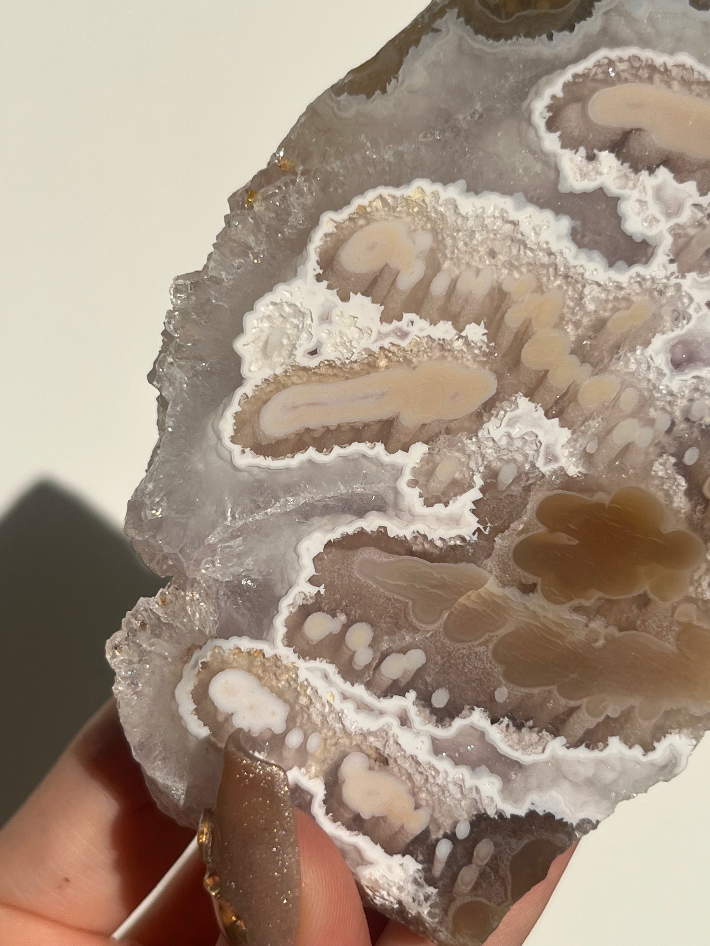 ‘Coralline Tides’ Spherulitic Columnar Nebula Agate with Scenic Moss, Amethyst and Natural Carnelian Semi Polished Freeform