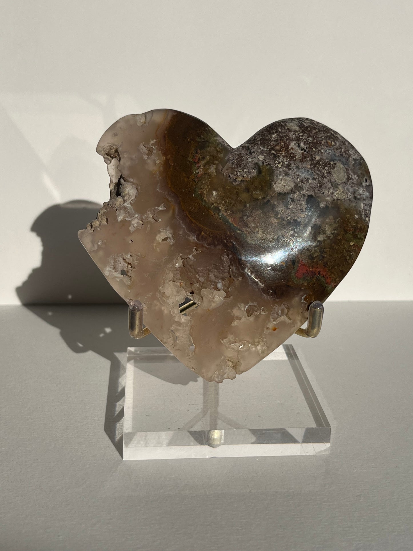 Nebula Agate with Botryoidal Chalcedony and Red Moss Inclusions Statement Heart A