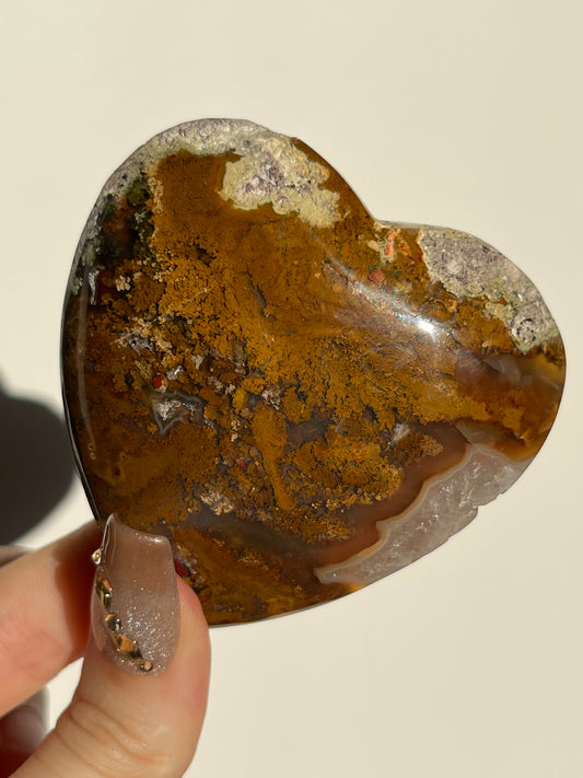 Nebula Agate Heart with Red Moss Inclusions and Quartz D