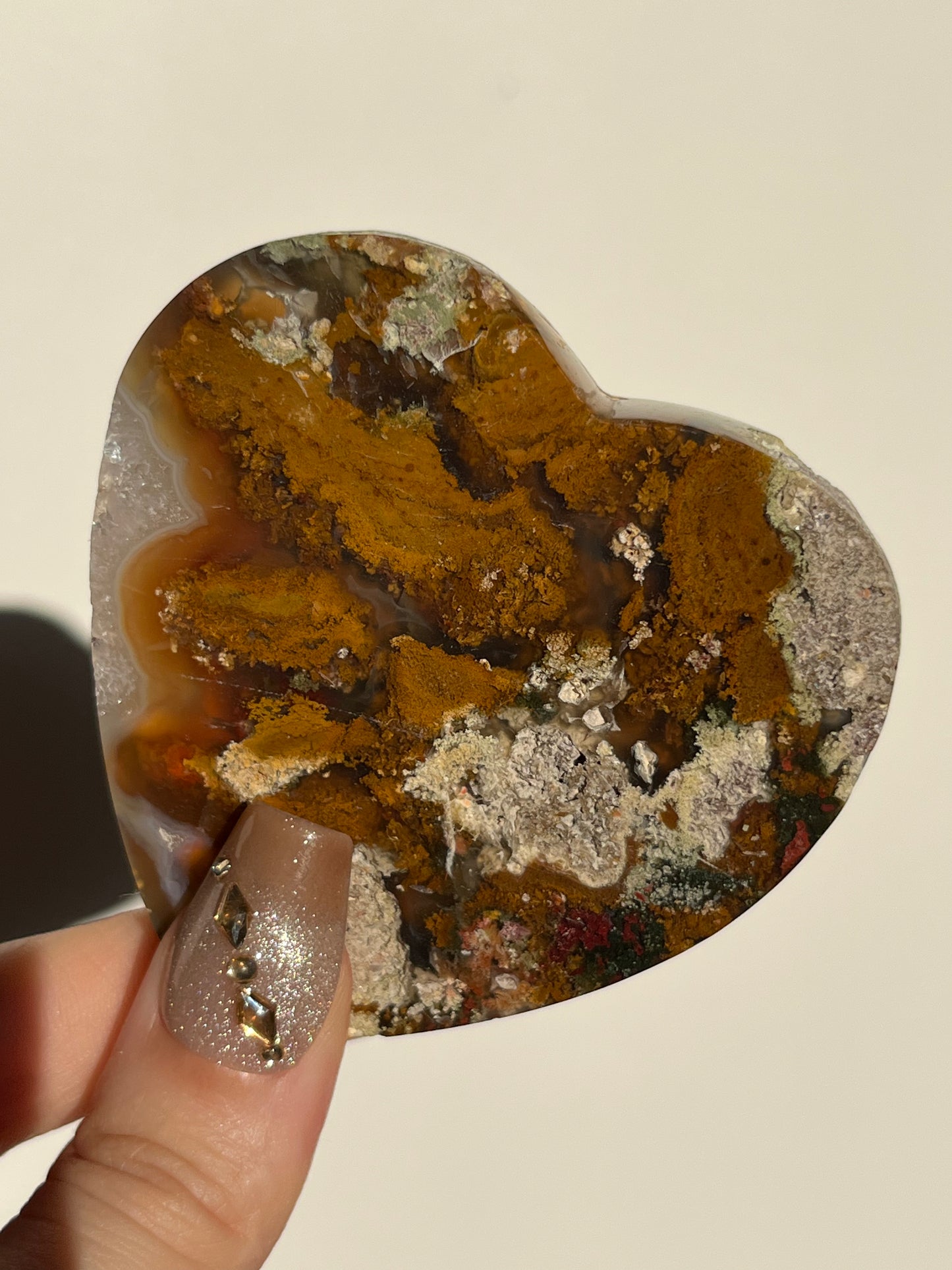 Nebula Agate Heart with Red Moss Inclusions and Quartz D