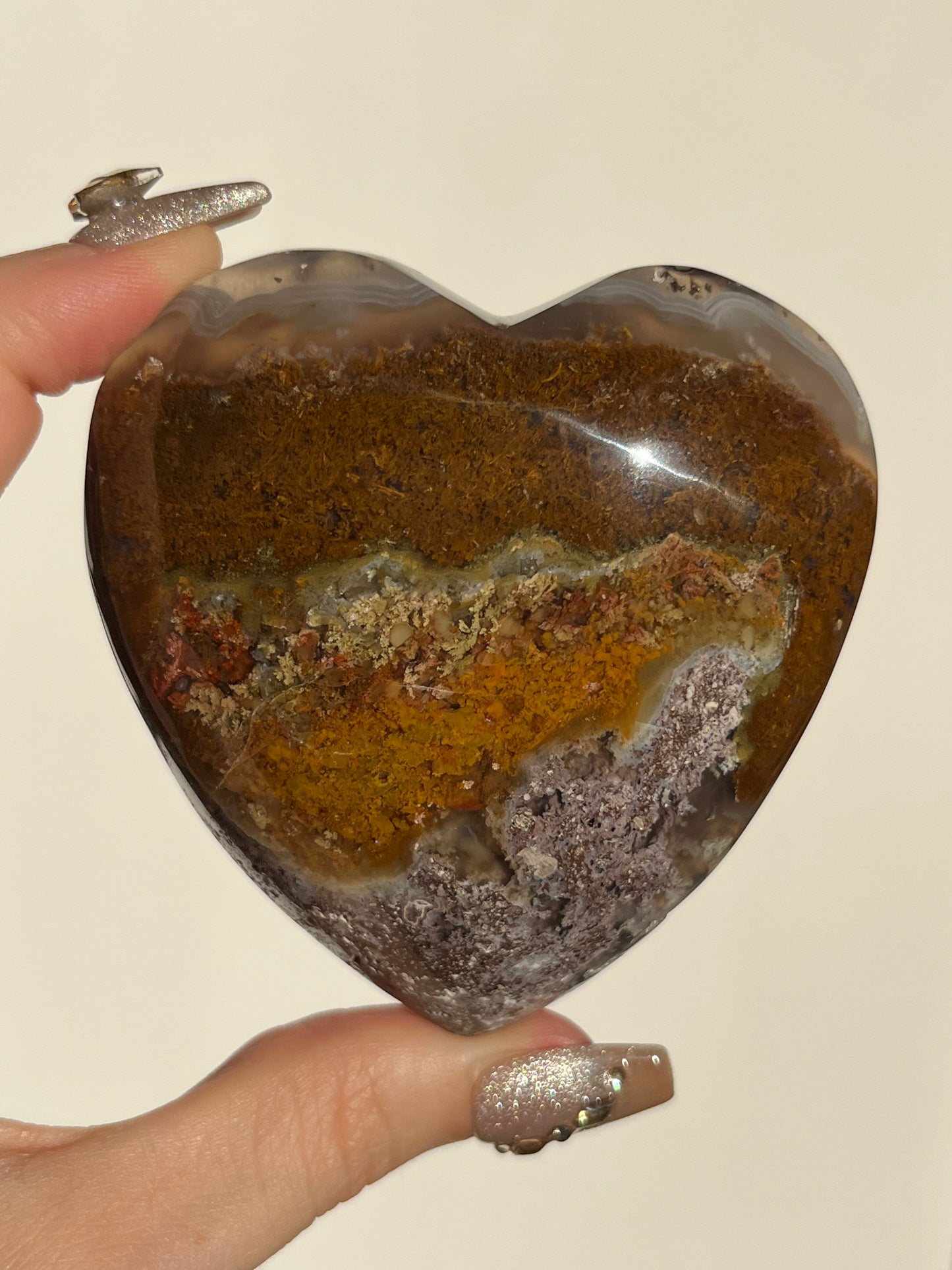"Dandelion Blooms" Nebula Agate Heart with Red Moss and Dendritic Inclusions C