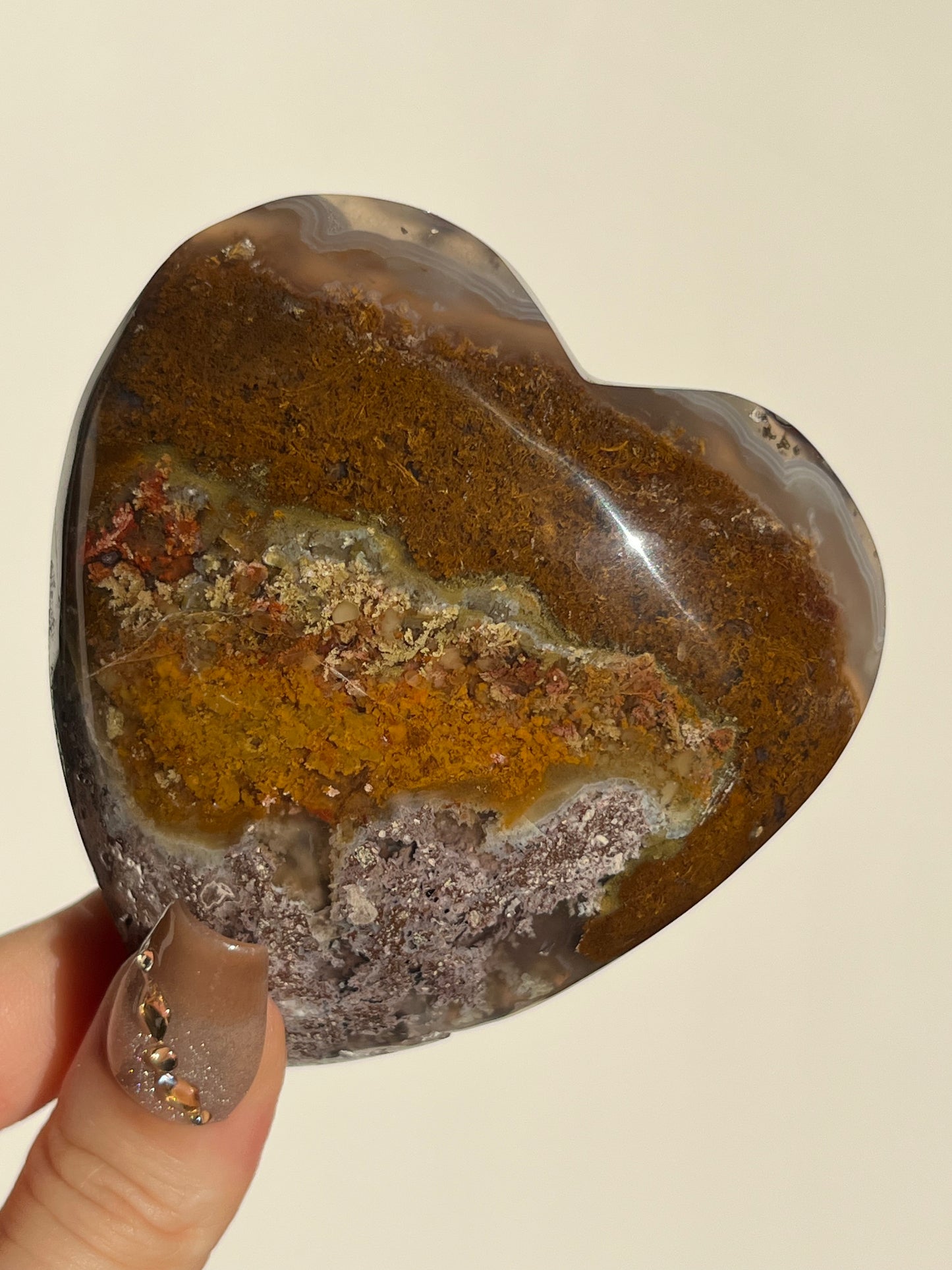 "Dandelion Blooms" Nebula Agate Heart with Red Moss and Dendritic Inclusions C