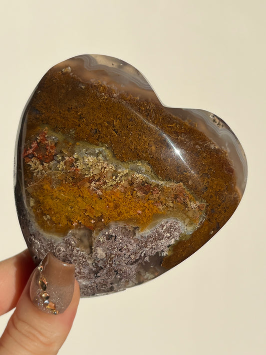 "Dandelion Blooms" Nebula Agate Heart with Red Moss and Dendritic Inclusions C