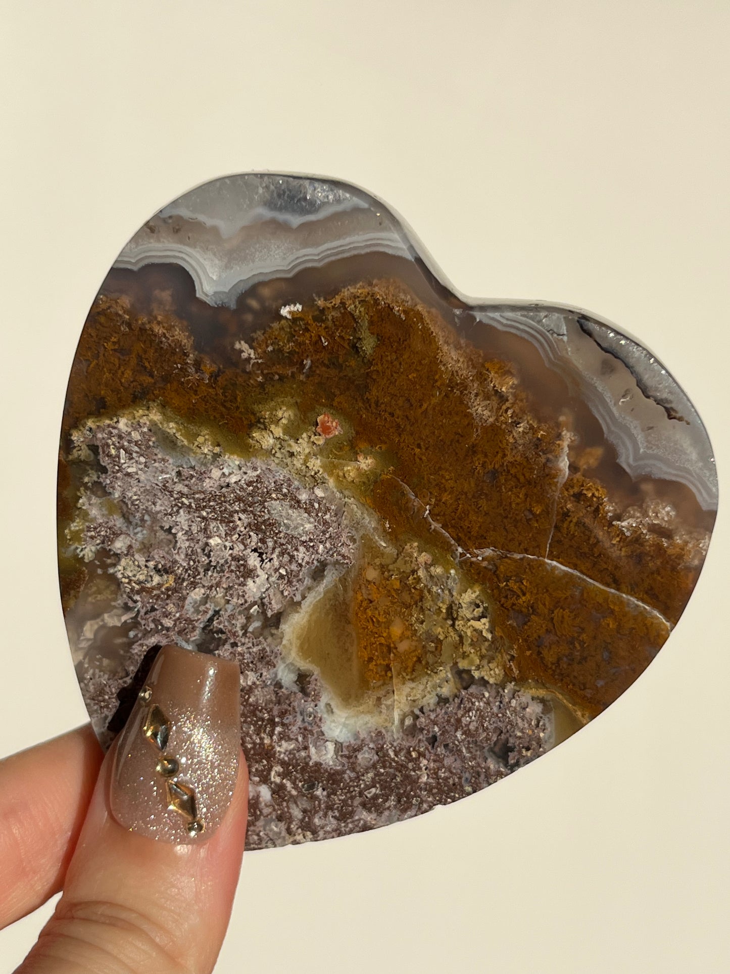 "Dandelion Blooms" Nebula Agate Heart with Red Moss and Dendritic Inclusions C