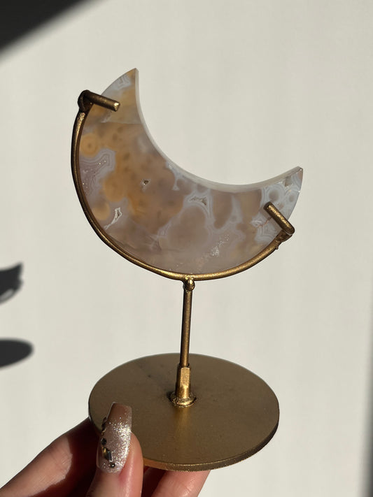 Jelly Orbicular Nebula Agate Moon Carving on Stand
