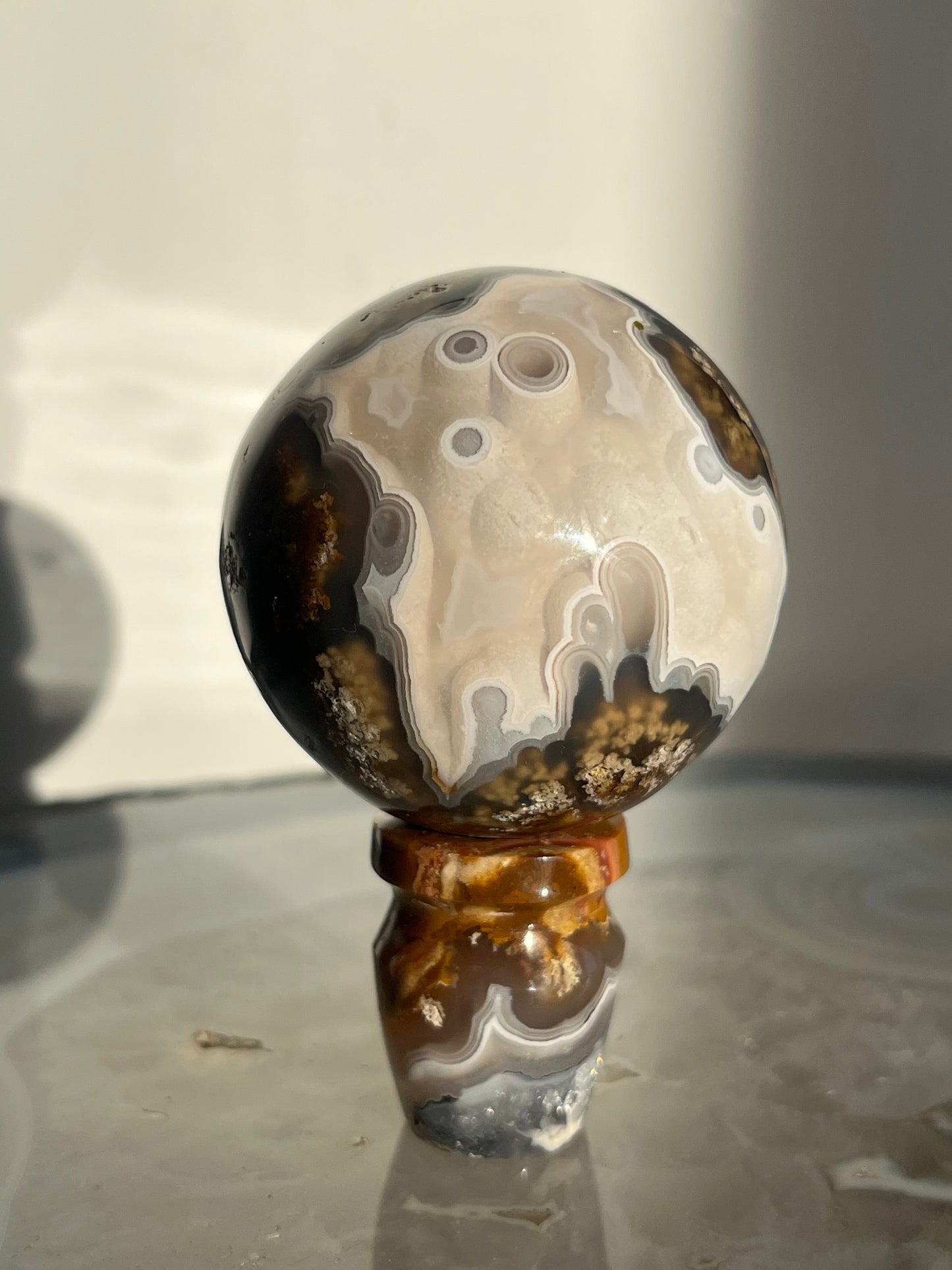 'Mistborne Citadel' Orbicular Nebula Agate Sphere with Custom Stand B