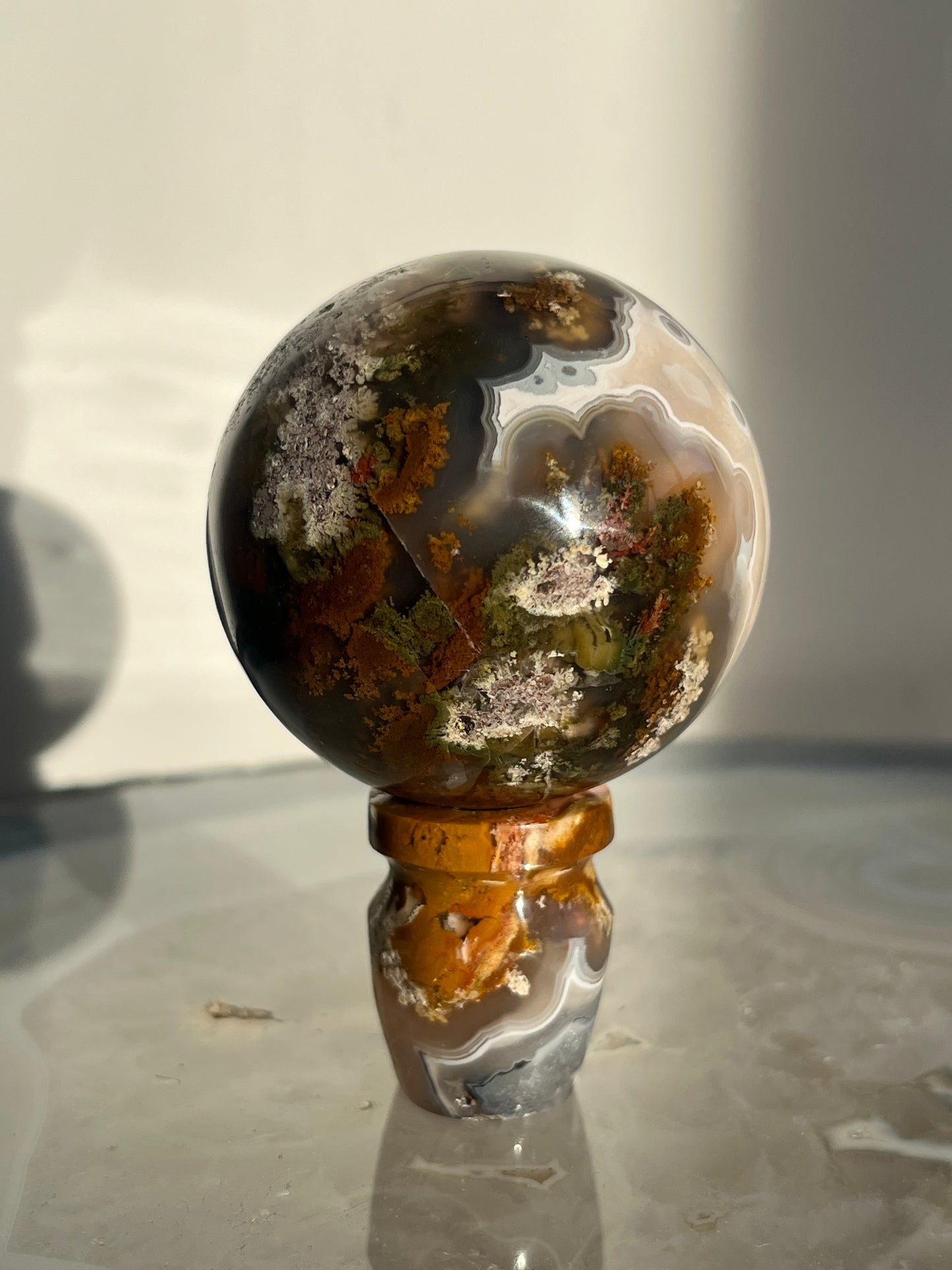 'Mistborne Citadel' Orbicular Nebula Agate Sphere with Custom Stand B