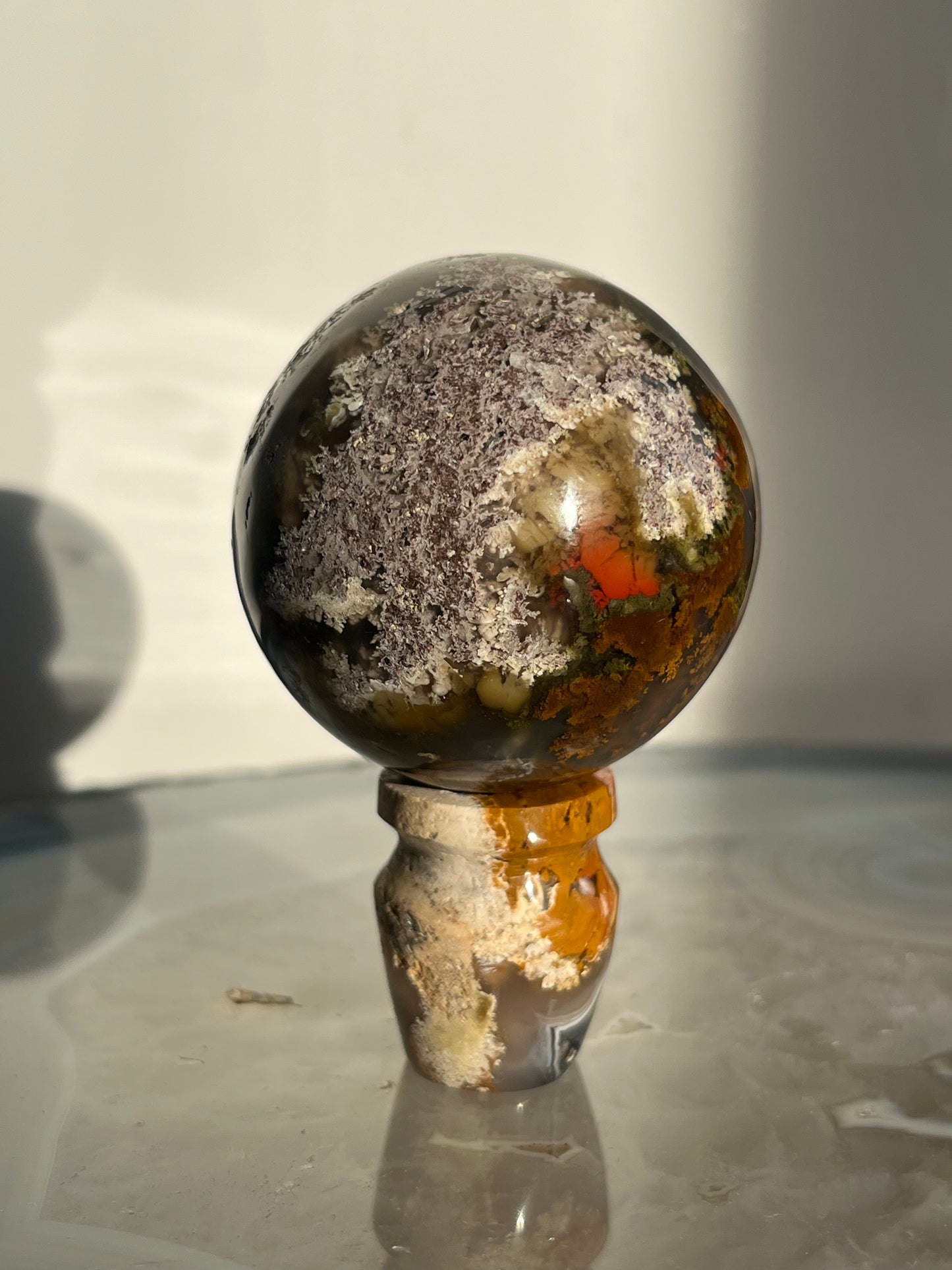 'Mistborne Citadel' Orbicular Nebula Agate Sphere with Custom Stand B
