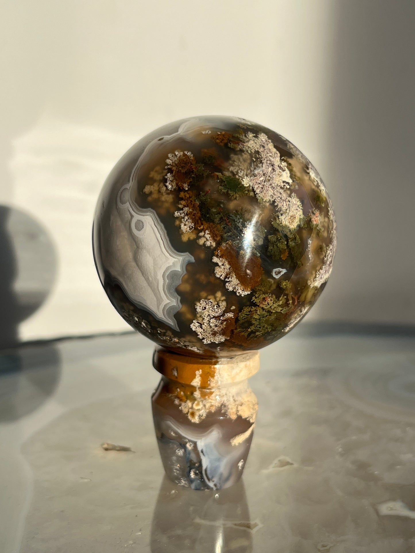 'Mistborne Citadel' Orbicular Nebula Agate Sphere with Custom Stand B