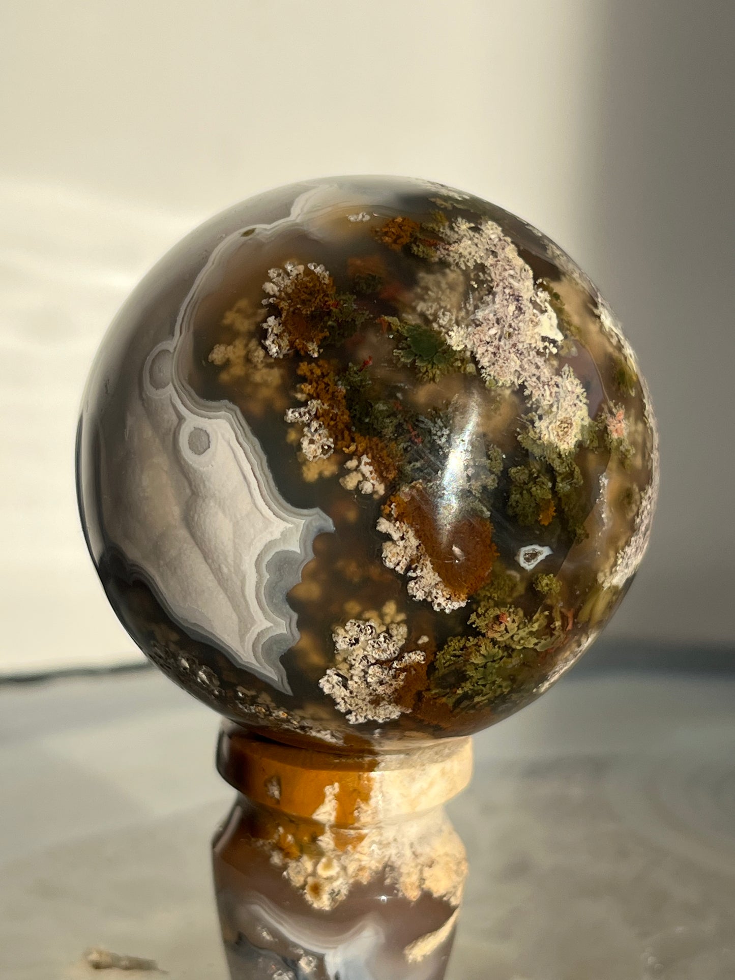 'Mistborne Citadel' Orbicular Nebula Agate Sphere with Custom Stand B