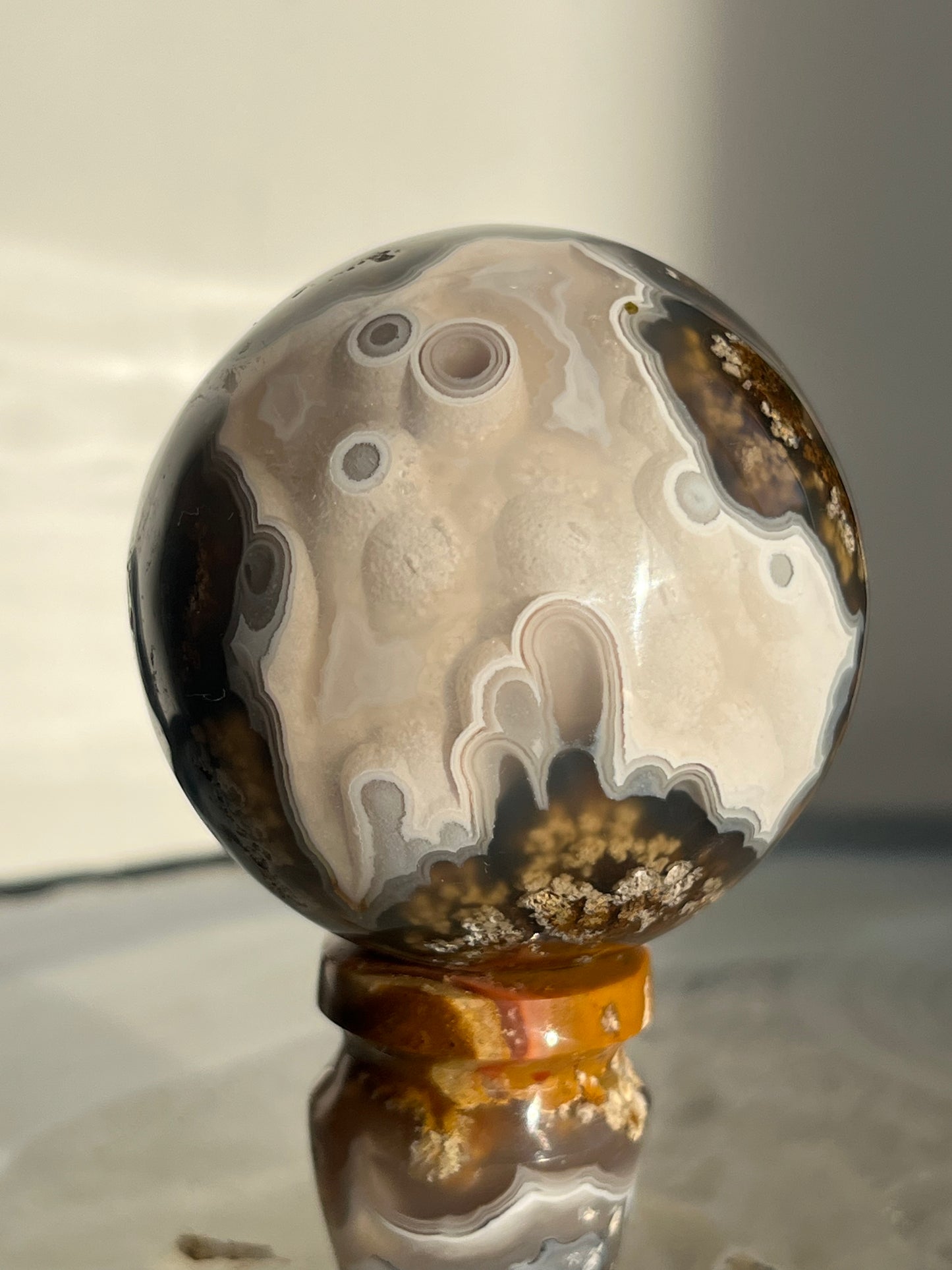 'Mistborne Citadel' Orbicular Nebula Agate Sphere with Custom Stand B