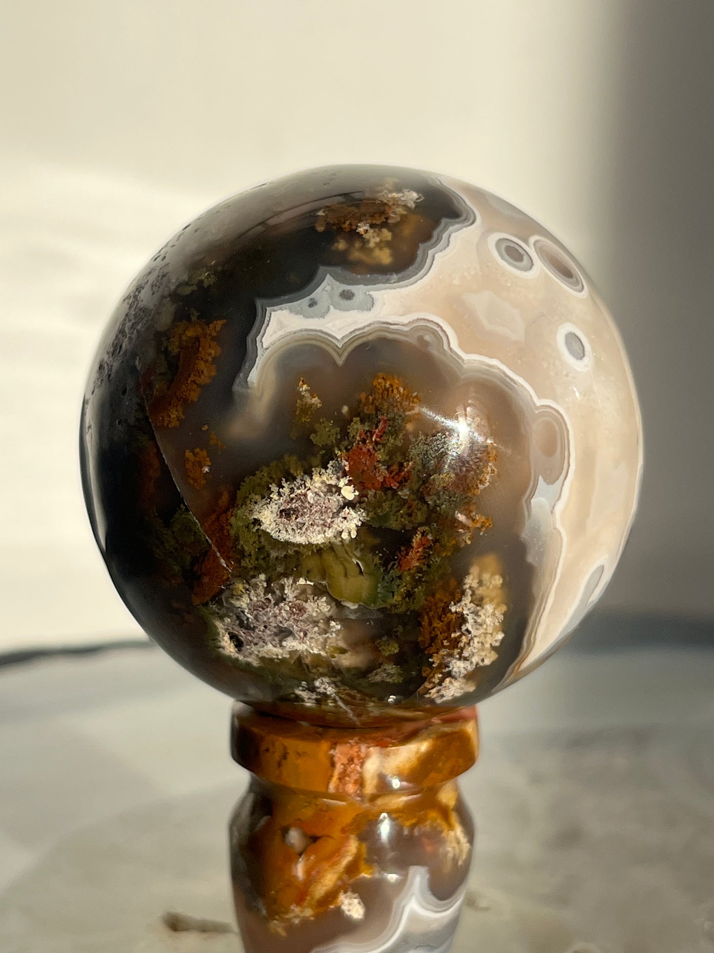 'Mistborne Citadel' Orbicular Nebula Agate Sphere with Custom Stand B
