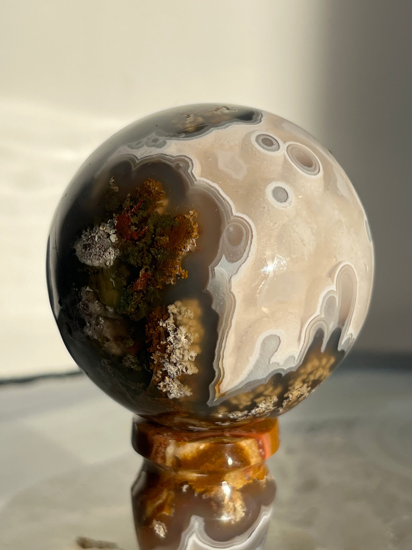 'Mistborne Citadel' Orbicular Nebula Agate Sphere with Custom Stand B