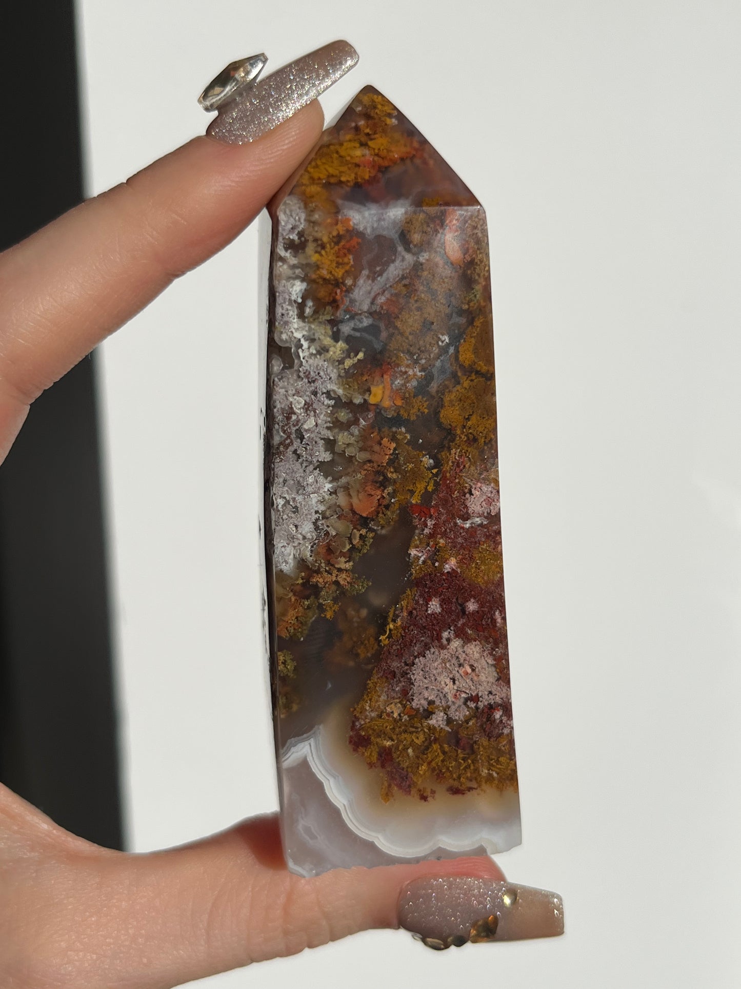 Nebula Agate and Multicoloured Scenic Moss with Amethyst Tower A