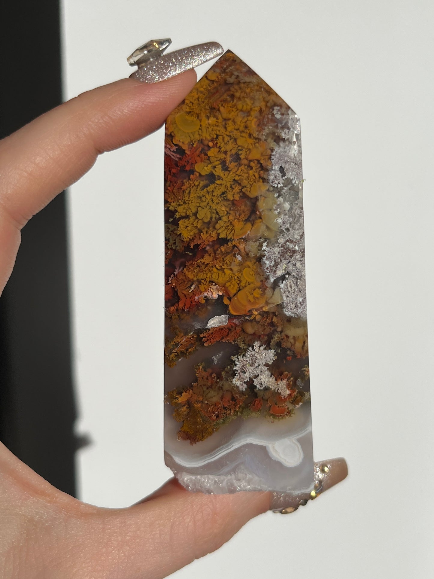 Nebula Agate and Multicoloured Scenic Moss with Amethyst Tower A