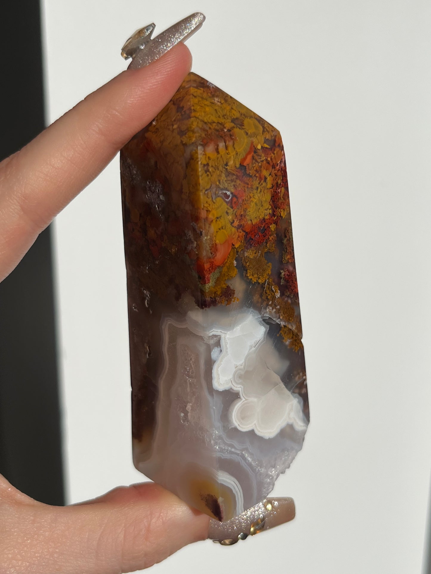 Nebula Agate and Multicoloured Scenic Moss with Amethyst Tower A